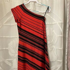 Vintage 70s Dalani II Fit n' Flare One Shoulder Red Black Dress EUC